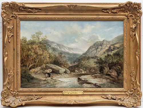 S. BUTLER, OIL ON CANVAS, 19TH.C. H 12" W 18" "SALMON FISHING N.W." 