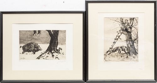 RICHARD BLOOS (GERMAN 1878-1957) ETCHINGS ON CHINE-COLLE, ON WOVE PAPER, (2 PRINTS) H 8.5-12.375" W 9.75-13.25" 