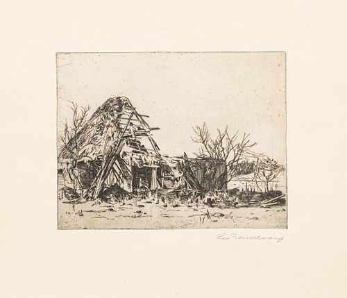 LEO HEIRSCHWANG PENCIL SIGNED PRINT LANDSCAPE WITH STRAWROOF TEPEE HUT O/A SIZE H.15" X 18.5" WIDE (1) H 7.5" W 9" IMAGE 