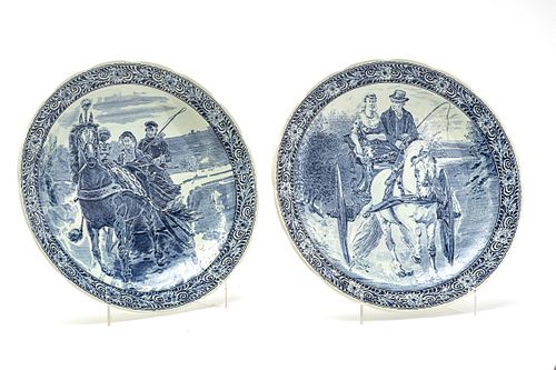 HOLLAND AMSTERDAM DUTCH PORCELAIN ROUND 'BOCH' DELFT PLAQUES 'WINTER/SUMMER' HORSE DRAWN SLEIGHS SIGNED. (2) DIA 15" 