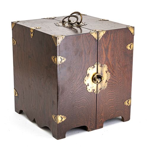 KOREAN WOOD AND BRASS APOTHECARY CHEST, 20TH C., H 13", W 11 3/4", D 11 3/4" 