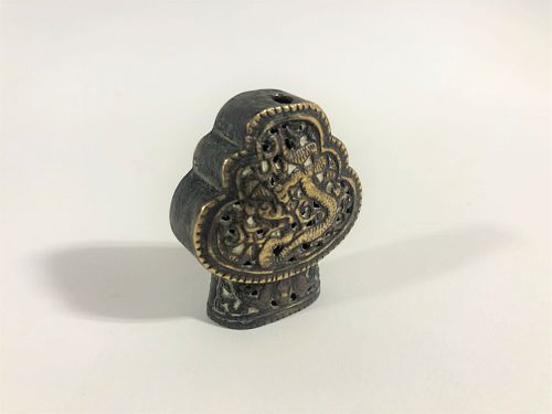 CHINESE STERLING SILVER PLATED BRONZE DRAGON/ FLORAL DESIGNED SHEATH DAGGER-POINT 1/2" THICK 'SHEATH POINT' (NO KNIFE) (1) H 1 3/4" W 1.5" 