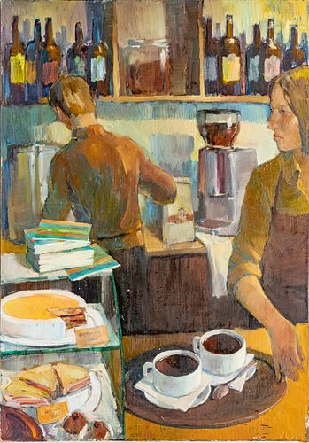 UNSIGNED OIL ON CANVAS, 2013, H 39", W 27.5", CAFE SCENE 