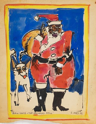 RICHARD JERZY (AMERICAN, 1943–2001) WATERCOLOR AND INK ON WOVE PAPER, 1974, H 16" W 12.75" BLACK SANTA AND THE RED NOSED POOCH 