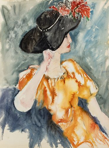 RICHARD JERZY (AMERICAN, 1943–2001) WATERCOLOR ON WOVE PAPER, H 30.5" W 23.25" STUDY OF SEATED WOMAN IN BLACK HAT