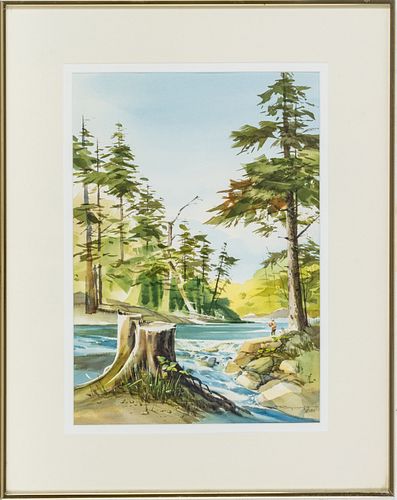 Roland Roycraft Watercolor C. 1983, Fishing The Falls, Michigan, H 20'' W 14''