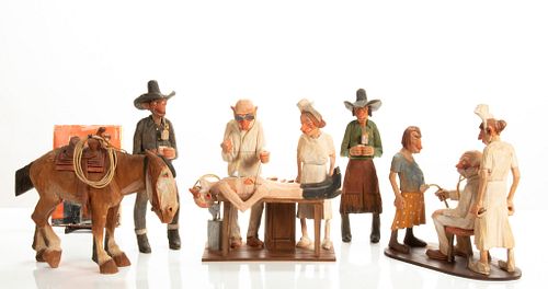 WILL PICK UP , JW, 10/18/22   ANDY ANDERSON (AMERICAN, 1893-1963) FOLK ART CARVED WOOD FIGURINES, H 9"-12.5" + BOOK, 6 PCS