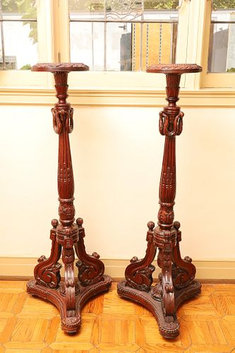 Mahogany Carved Pedestals, H 57'' Dia. 22'' 1 Pair
