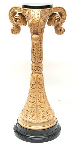 MAHOGANY HAND CARVED ABSTRACT PEDESTAL WITH RAM HEADS, CIRCA 1900 H 42" W 18" 