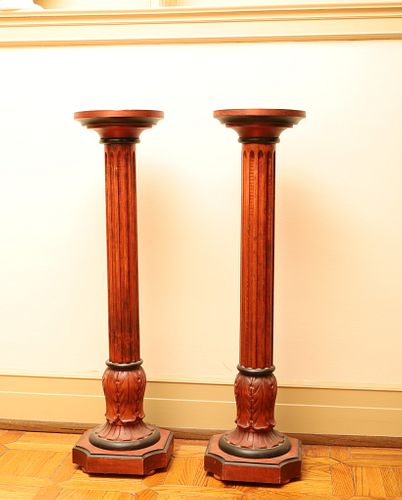Pair Of Carved Wood Pedestals, H 38'' Depth 10''
