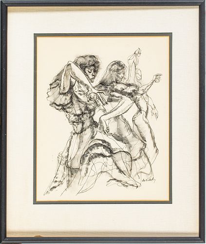 FRANCIA DE ERDELY (AMERICAN/HUNGARIAN, 1904-1959), BLACK INK AND WASH ON BUFF PAPER, H 17",  W 14", DANCER 