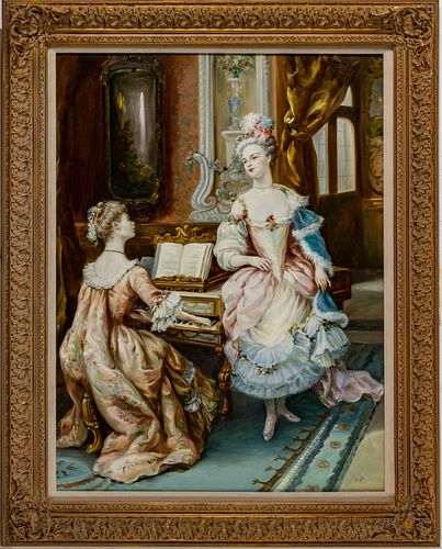 French 18th C. Style Oil On Canvas, The Music Room, H 40'' W 30''