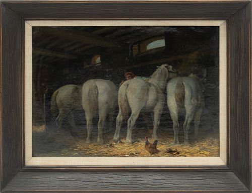 STYLE OF GEORGE MORLAND OIL ON CANVAS C.1900 H 11" W 14" HORSES IN STABLE 