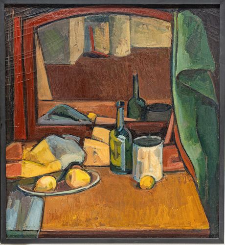 WILSON, OIL ON CANVAS, C. 1930, H 34", W 31", STILL LIFE WITH WINE , CHEESE & FRUIT 