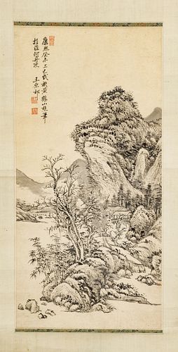 In The Manner of Wang Yuanqi (Chinese, 1642-1715) Watercolor And Ink On Paper, On Silk Scroll, Landscape, H 25.5'' W 12.25''