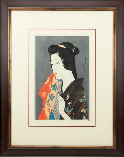 HASHIGUCHI GOYO (JAPANESE, 1880-1921) WOODBLOCK PRINT, RICE PAPER, H 17.5", W 11.25", GEISHA WITH ENGAGEMENT BAND 