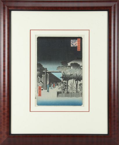 ANDO HIROSHIGE (JAPANESE, 1797-1858) UKIYO-E WOODBLOCK PRINT, RICE PAPER, H 13.7", W 9.3", VILLAGE PATHWAY AT DUSK 