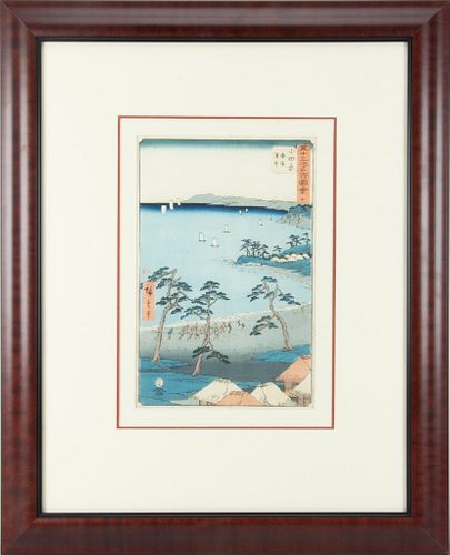 ANDO HIROSHIGE (JAPANESE, 1797-1858) WOODBLOCK PRINT, RICE PAPER, H 13.6", W 9", AERIAL VIEW OF COASTLINE 