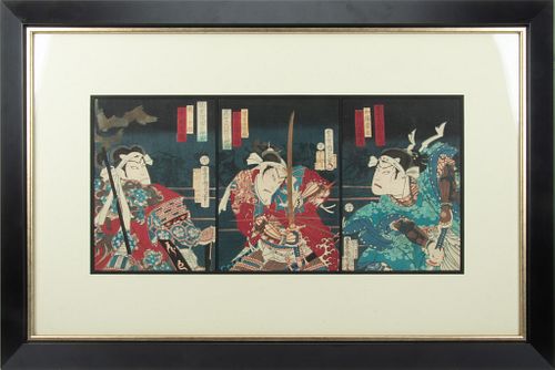 JAPANESE UKIYO-E WOODBLOCK TRIPTYCH, 19TH C, H 13", W 9" KABUKI ACTORS, SAMURAI 