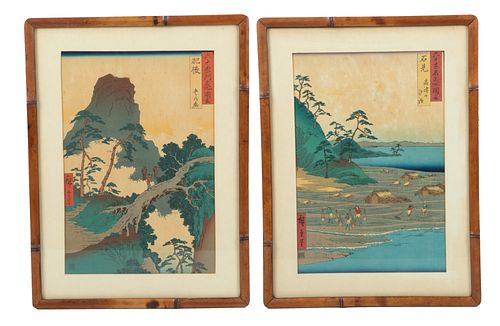 ANDO HIROSHIGE (JAPANESE, 1797-1858) WOODBLOCK PRINTS, C. 1850, 2 PCS, H 12.7", W 8.8", PICTURES OF FAMOUS PLACES IN 60 ODD PROVINCES 