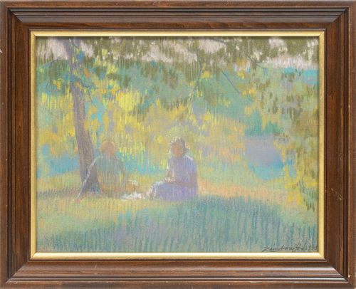 Istvan Zambory Soos (Hungarian) Pastel On Paper, C. 1940, Seated Figures In Summer Field, H 14'' W 17.5''