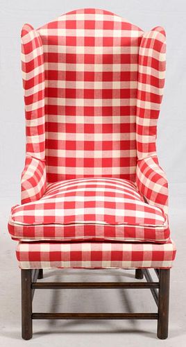 RED CHECKERBOARD STYLE UPHOLSTERED WING CHAIR
