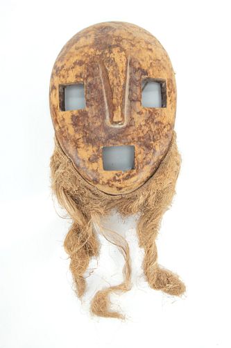 BWAMI SOCIETY, LEGA, AFRICAN CARVED WOOD MASK WITH FIBER 20TH CENTURY H 14" W 6.5" D 2.5" 
