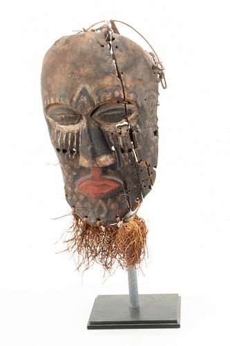 AFRICAN POLYCHROME CARVED WOOD MASK WITH METAL AND FIBER, H 11.5" W 7" 