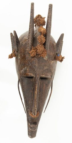 MALI WARKA MARKA,  AFRICAN CARVED WOOD MASK WITH FIBER, BEADS AND METAL H 19" W 8" D 8" 