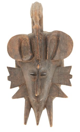 SENUFO, IVORY COAST, AFRICAN CARVED WOOD MASK 20TH CENTURY H 13" W 7" 