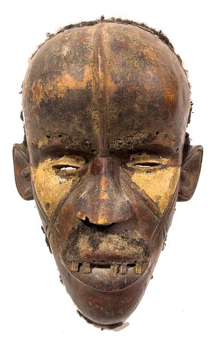 DAN PEOPLE, IVORY COAST, AFRICAN POLYCHROMED CARVED WOOD MASK, H 11", W 8"