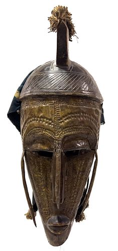 AFRICAN, MALI, CARVED WOOD AND CHASED METAL MARKA MASK, H 14", W 6" 