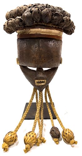 AFRICAN, CONGO, SALAMPASU POLYCHROMED AND CARVED WOOD AND WOVEN HEADDRESS, H 20", W 11" 