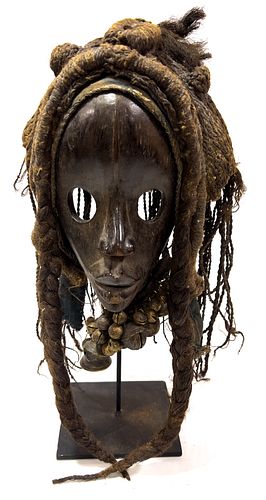 AFRICAN, IVORY COAST, CARVED WOOD AND BRAIDED FIBER DAN MASK, H 10.5", W 7" 