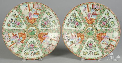 Pair of Chinese export porcelain rose medallion chargers, 19th c., 14 5/8'' dia.