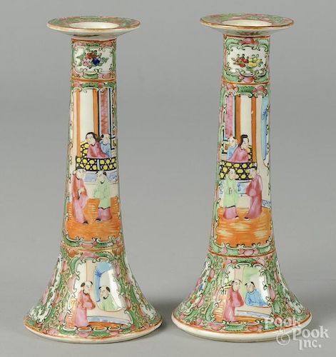 Pair of Chinese export porcelain rose medallion candlesticks, 19th c., 8 3/4'' h.