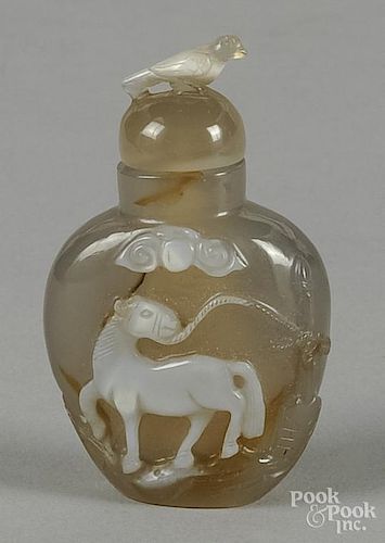 Chinese cameo agate snuff bottle, with a bird finial and horse decoration, 3'' h.