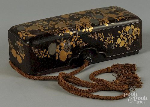 Japanese lacquer writing box, with gilt chrysanthemum decoration, 3 1/2'' h., 10 3/4'' w., 4'' d.