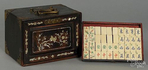 Chinese hardwood mahjong set, late 19th c., with ivory pieces, 6 3/4'' x 9 1/2''
