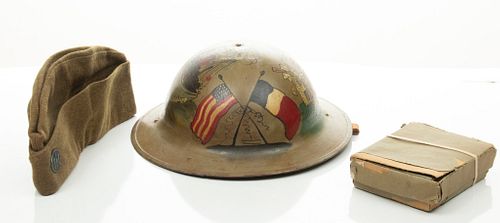 WW1 ERA HAND PAINTED M1917 HELMET WITH BARRACKS CAP, PATCHES AND DOG TAGS, 1ST SERGEANT WARD FARWELL, 309TH ENGINEERS 