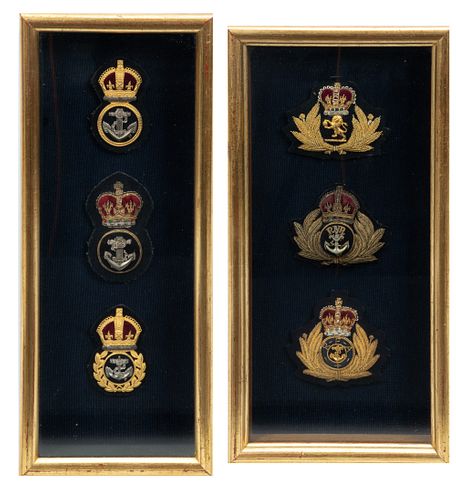 BRITISH ROYAL NAVY CAPTAIN'S BADGES, COLLECTION OF 6, H 13.5"-14.75", W 5.5"-7.5" 
