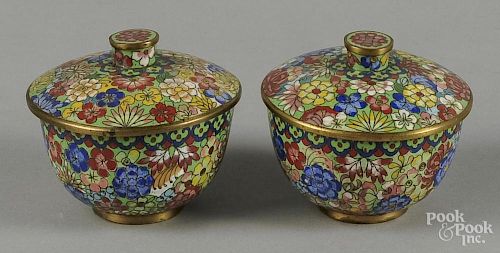 Pair of Chinese cloisonné covered bowls, 19th c., 2 1/4'' h., 3'' dia.