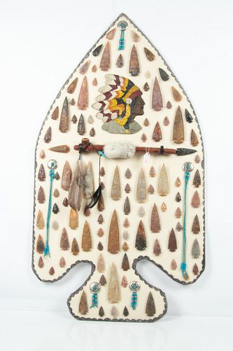 STONE NATIVE AMERICAN STYLE ARROWHEADS, PIPE AND PAINTED METAL PROFILE OF NATIVE AMERICAN CHIEF APPROXIMATELY 100 