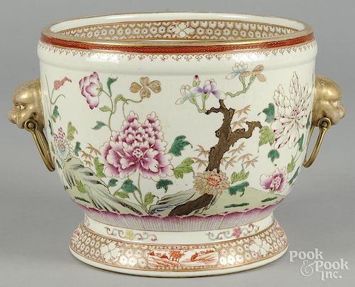 Chinese famille rose porcelain cache pot, with animal mask and brass ring handles, 8 1/4'' h.