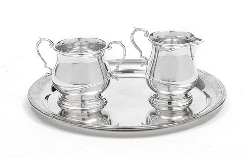 LUNT STERLING SILVER ROUND TRAY WITH CREAMER & SUGAR 3PCS DIA 10", 21T O 