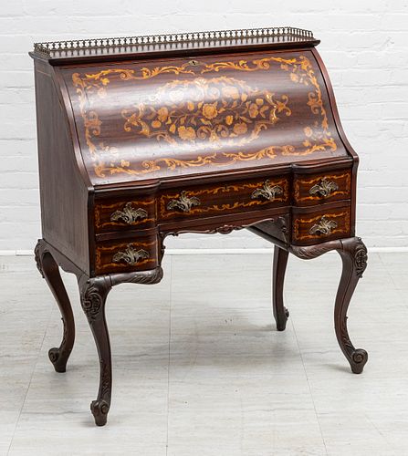 MAHOGANY AND SATINWOOD MARQUETRY INLAID DROP FRONT DESK H 43" W 37" D 20" 