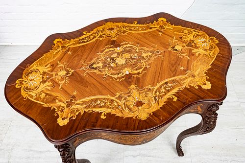 FRENCH MAHOGANY PARLOR TABLE, SATINWOOD INLAYS   C 1900 H 29" W 27" L 40" 