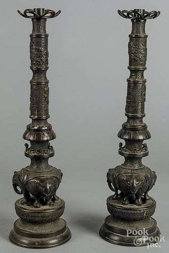 Pair of large Japanese bronze candlesticks, 22'' h.