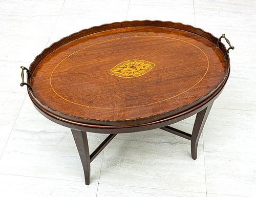 MAHOGANY AND SATINWOOD TRAY C 1810 ON LATER BASE H 18" W 20" L 30" 