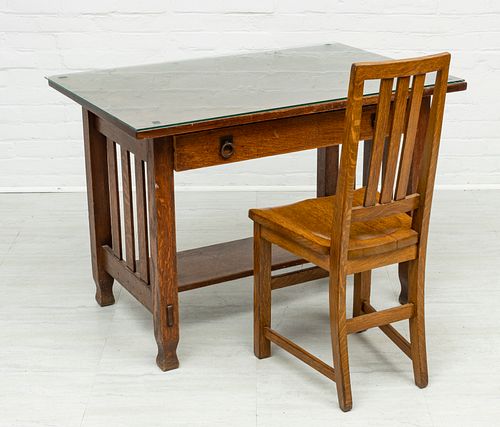 STICKLEY CARVED OAK DESK AND CHAIR, H 29", W 42", D 27 3/4" 